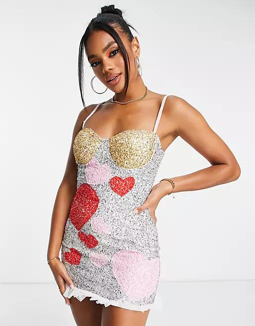 Lace & Beads exclusive contrast heart embellished mini dress in red and pink-Multi Cover