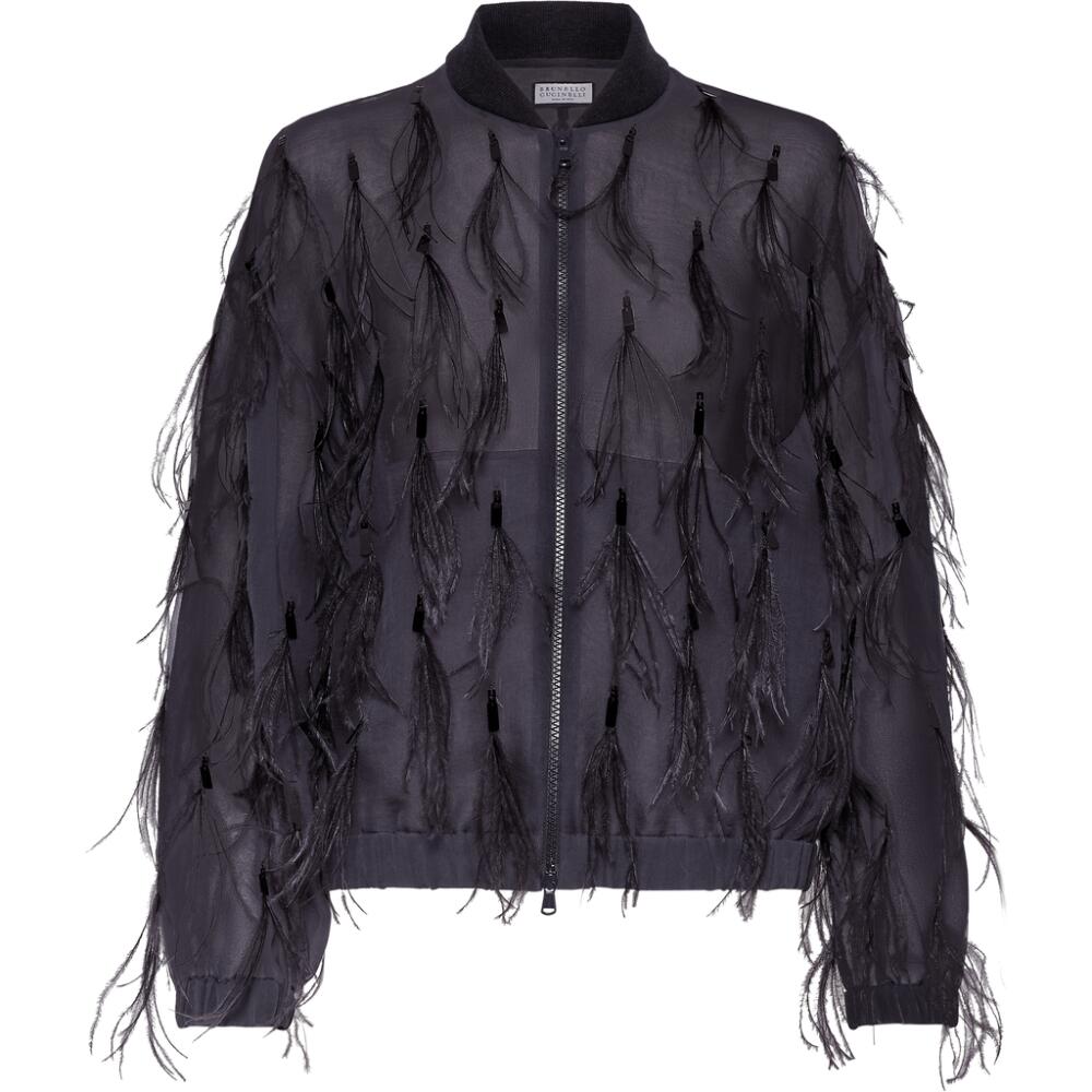 Brunello Cucinelli Crispy silk bomber jacket with dazzling feather embroidery in Lignite Grey Cover