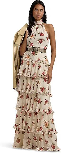 Lauren Ralph Lauren Floral Crinkle Georgette Tiered Gown (Cream Multi) Women's Dress Cover