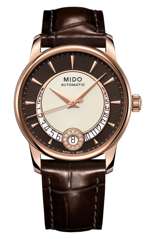 MIDO Baroncelli Automatic Diamond Leather Strap Watch, 33mm in Brown/Rose Gold Cover