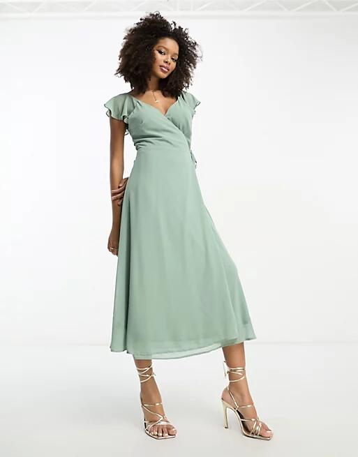 Vila Bridesmaid wrap full skirt maxi dress with flutter sleeves in green Cover