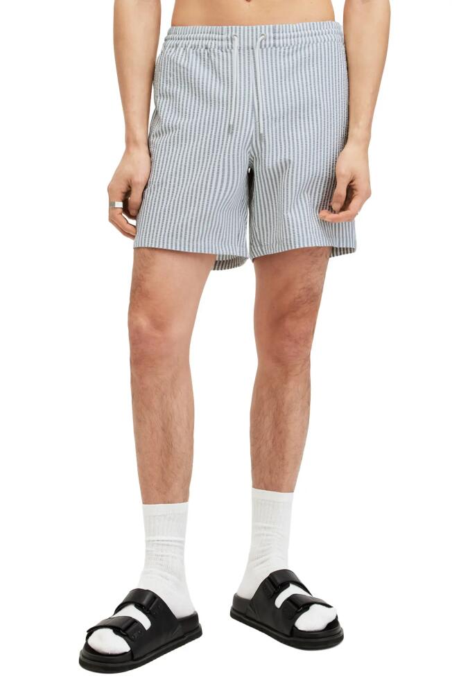 AllSaints Warden Stripe Swim Trunks in White/Grey Cover