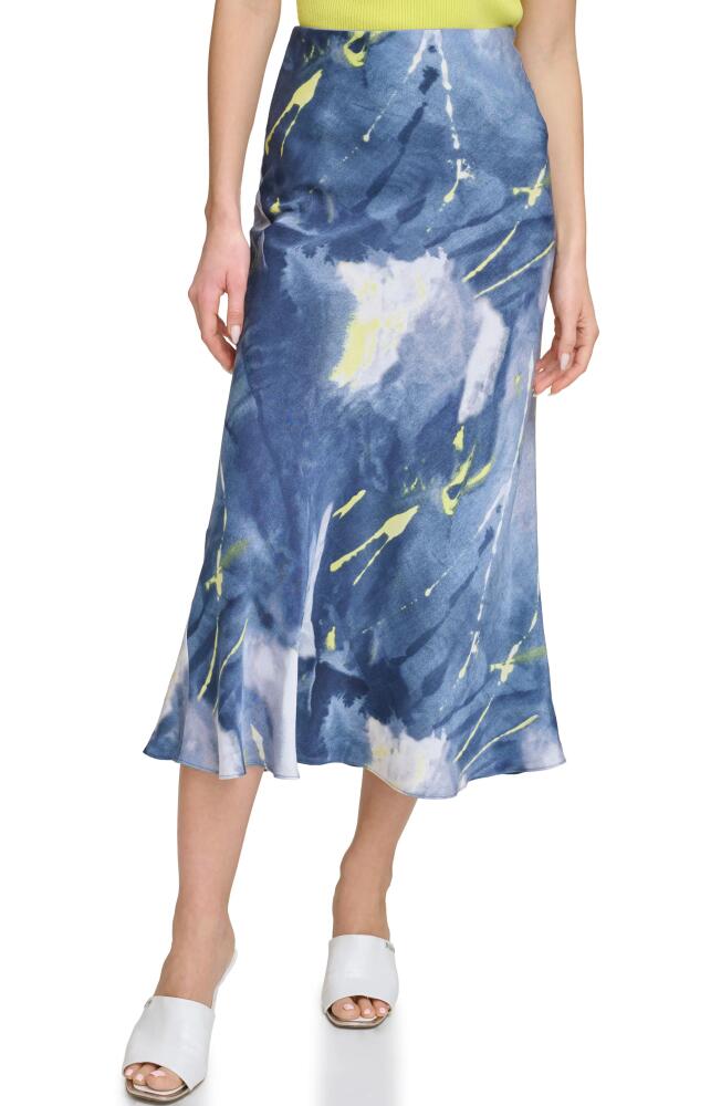 DKNY Printed Satin Midi Skirt in Fluoro Yellow/Inky Blue Multi Cover