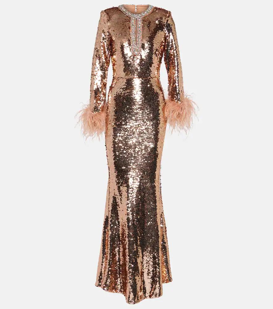 Self-Portrait Sequined feather-trimmed gown Cover