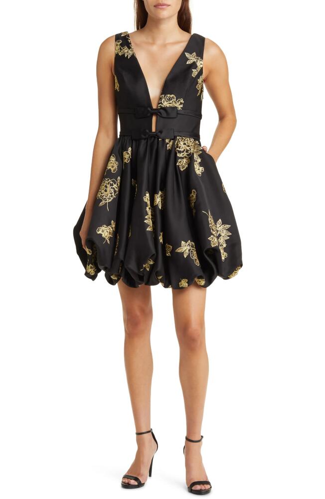 Marchesa Notte Metallic Floral Bubble Hem Minidress in Black Gold Cover