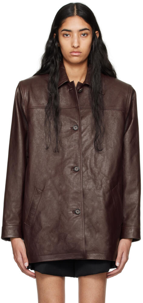 Magda Butrym Burgundy Oversized Button Up Leather Jacket Cover