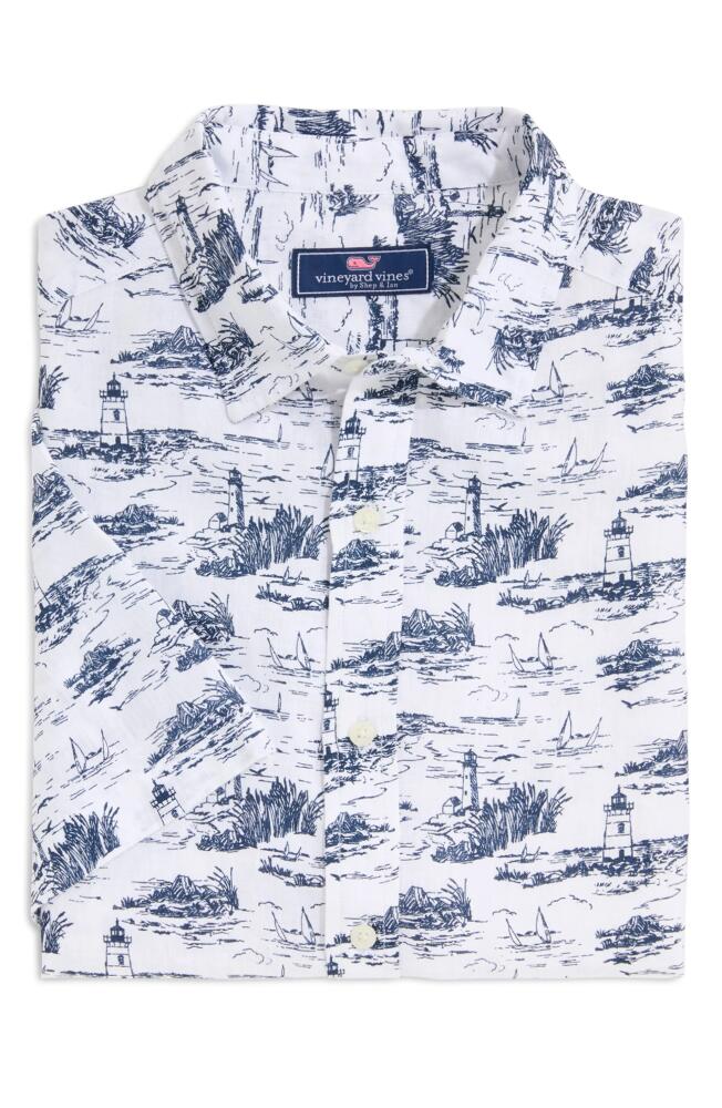 vineyard vines Toile Print Linen Short Sleeve Button-Up Shirt in Ocean View Toile White Cover