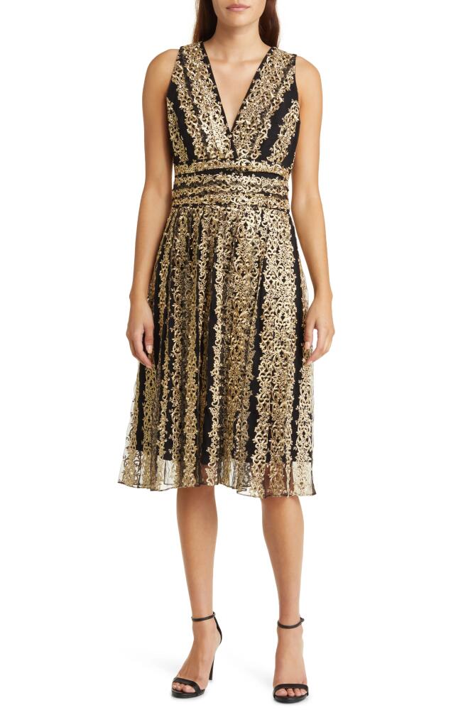 Marchesa Notte Metallic Embroidery Cocktail Dress in Black Gold Cover