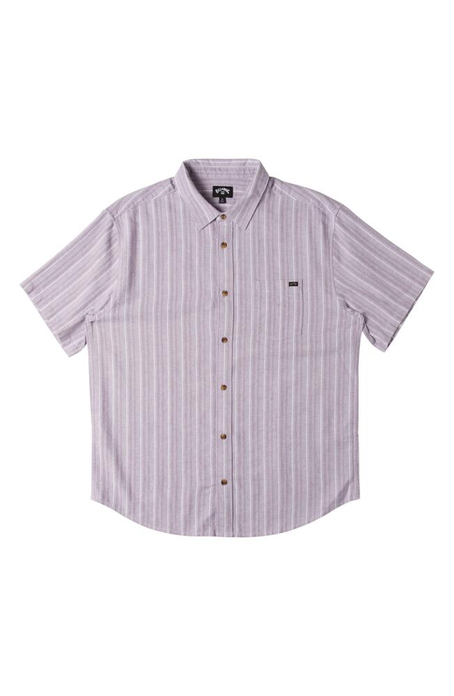 Billabong All Day Regular Fit Stripe Short Sleeve Cotton & Linen Button-Up Shirt in Grey Violet Cover