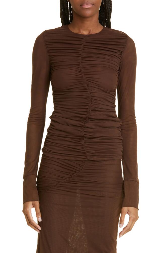 SIR Jacques Ruched Long Sleeve Mesh Top in Chocolate Cover