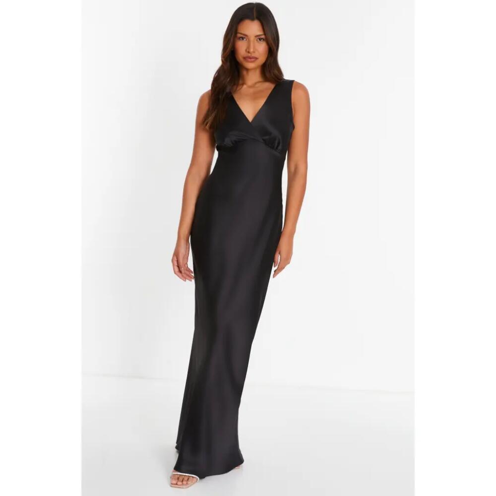 QUIZ Satin Wrap Front Maxi Dress in Black Cover