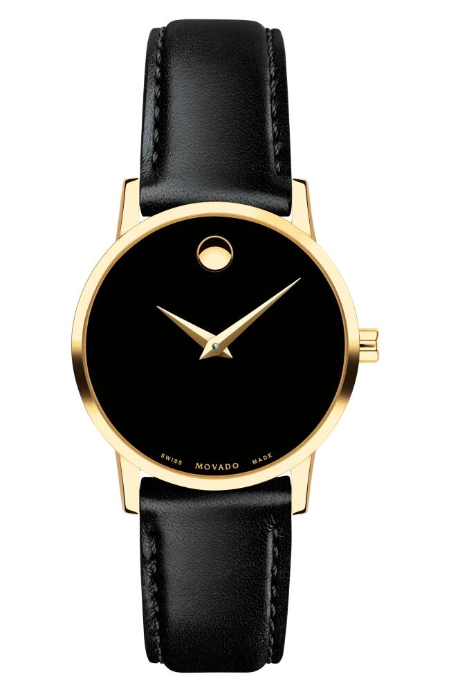 Movado Leather Strap Watch, 28mm in Black/Gold Cover