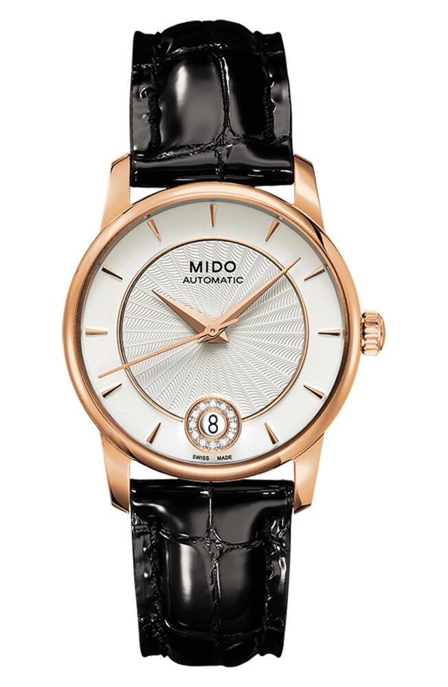 MIDO Baroncelli Diamond Automatic Leather Strap Watch, 33mm in Silver/Black Cover