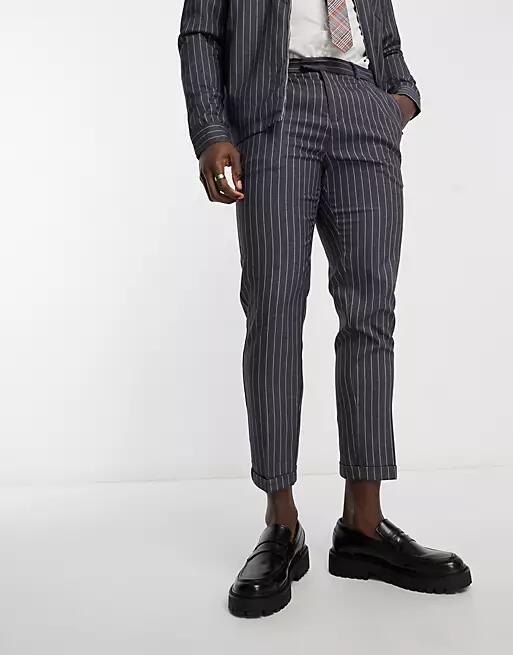 New Look smart pleat front pinstripe pants in dark blue Cover