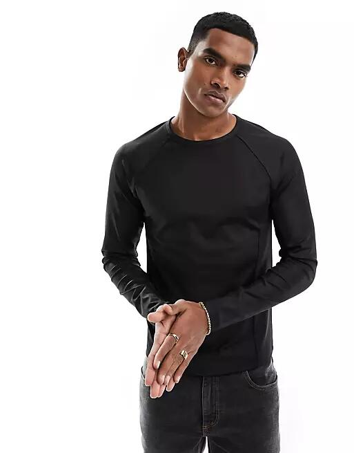 ASOS DESIGN long sleeved muscle fit T-shirt in black with seam detail-White Cover