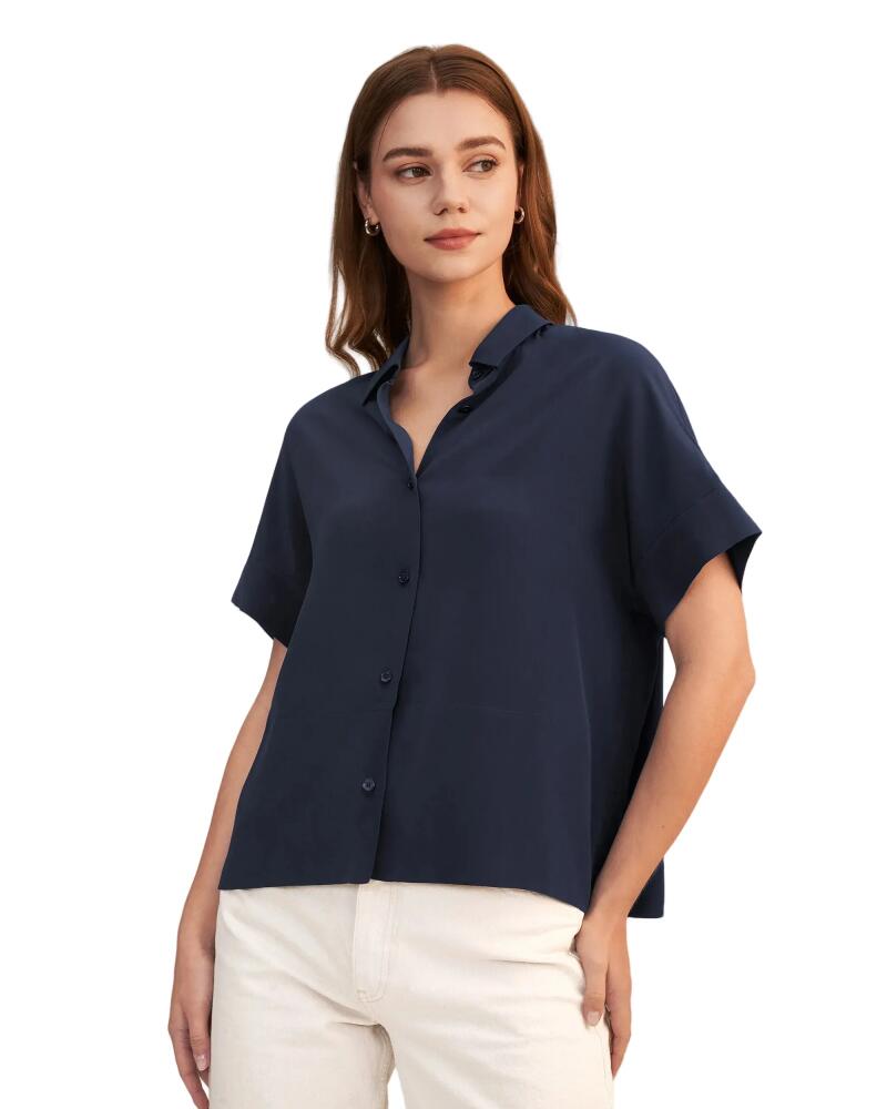 Lilysilk Casual Short Sleeves Loose Silk Shirt in Navy Blue Cover