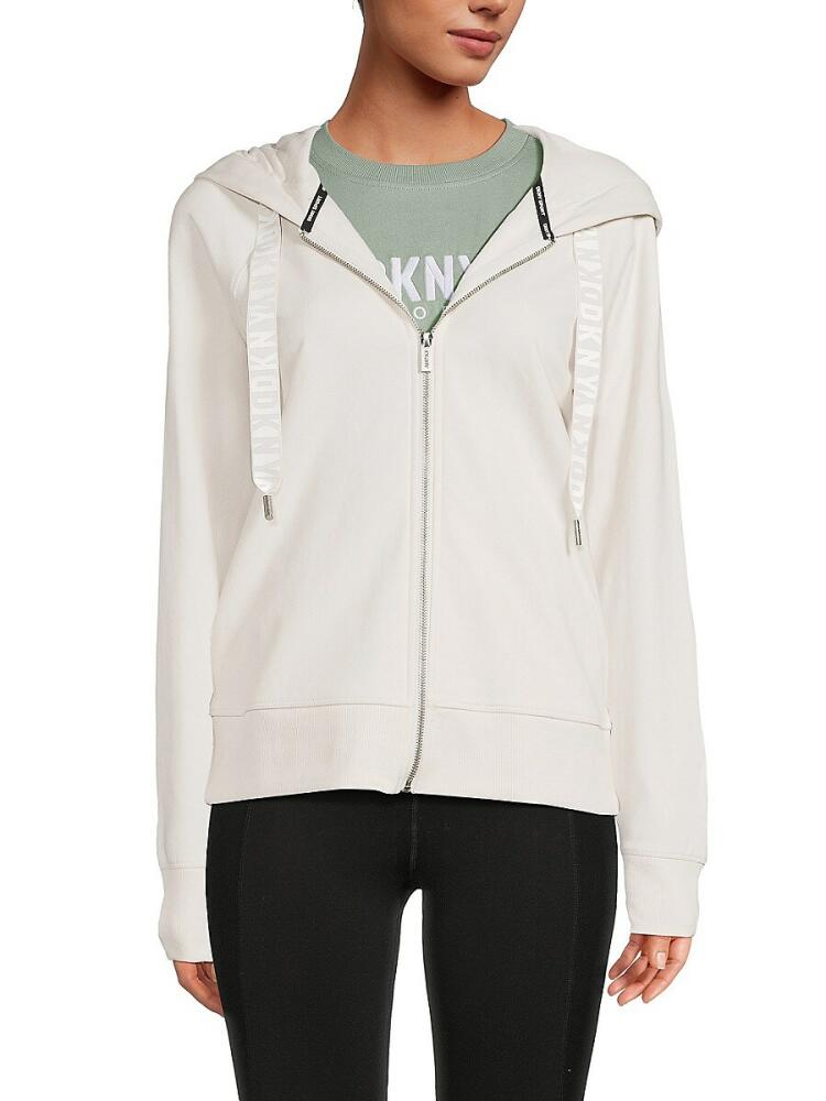 DKNY Sport Women's Logo Drawstring Zip Front Hoodie - Sand Cover