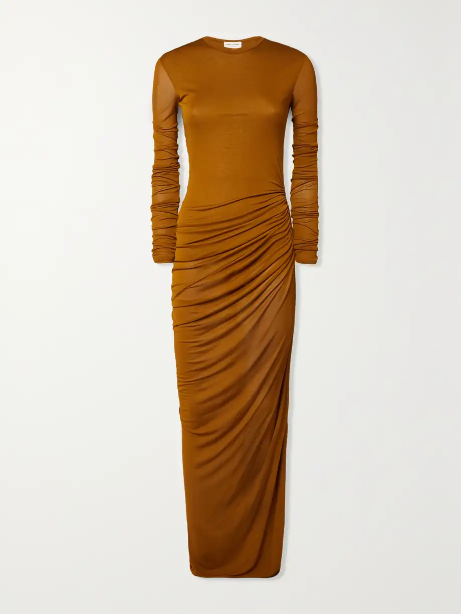 SAINT LAURENT - Ruched Jersey Maxi Dress - Brown Cover