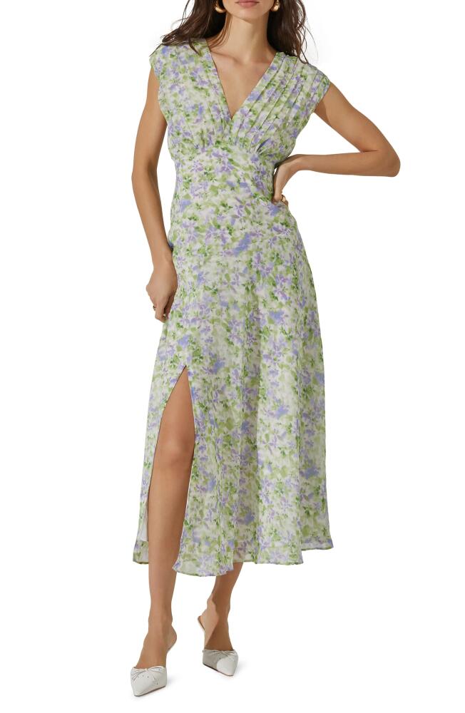 ASTR the Label Floral Pleated Bodice Midi Dress in Green Lavender Floral Cover