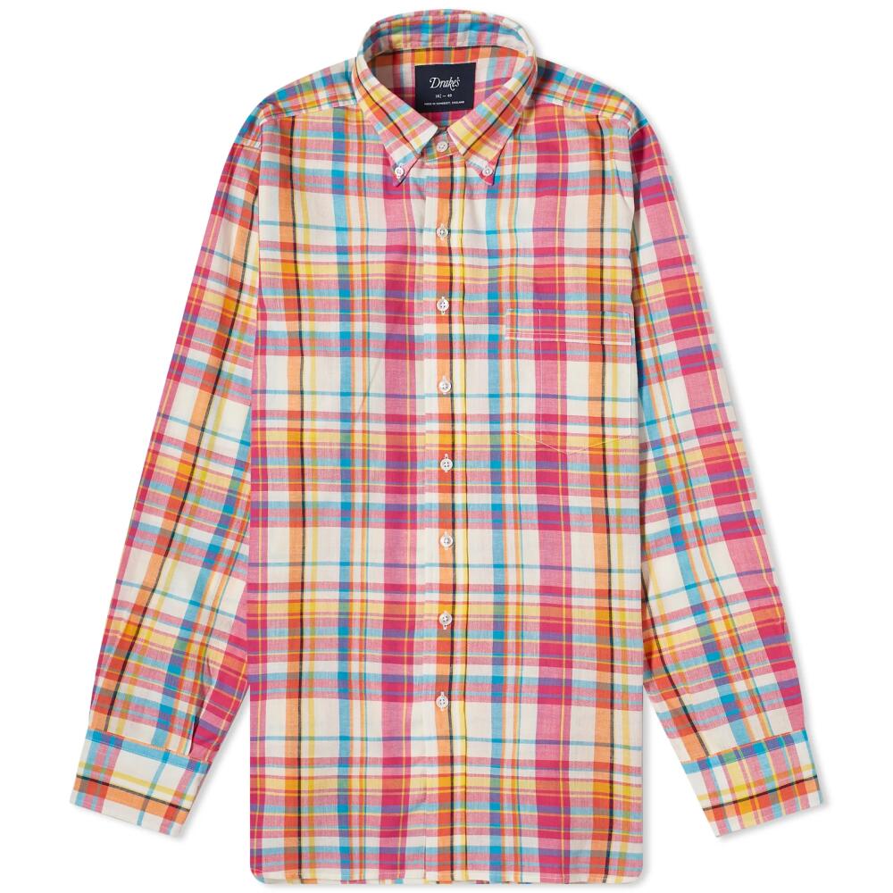 Drake's Men's Madras Button Down Shirt in Pink Multi Cover