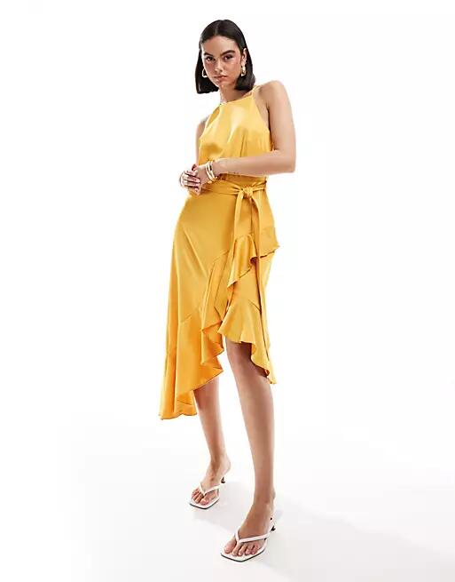 Style Cheat halterneck ruffle midi dress in marigold-Yellow Cover