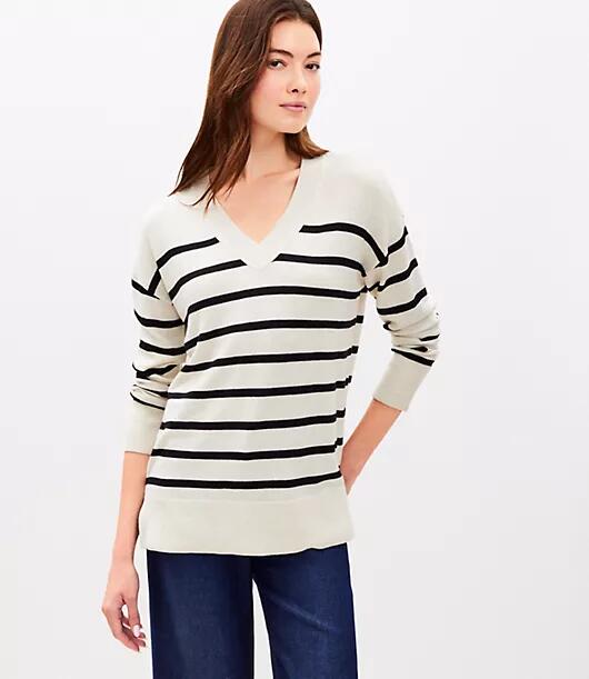 Loft Petite Striped Luxe Knit V-Neck Tunic Sweater Cover