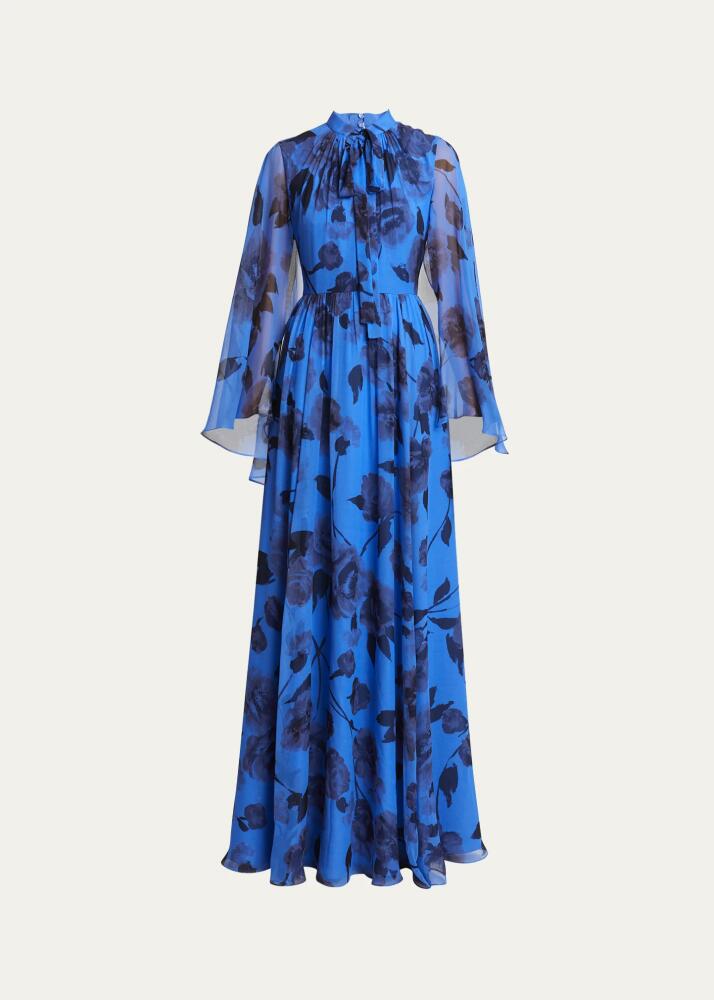 Erdem Rose Split-Sleeve Neck-Tie Gown Cover