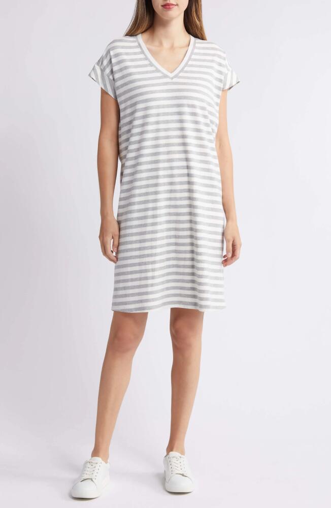 caslon(r) V-Neck T-Shirt Dress in Grey Heather- Ivory Stripe Cover