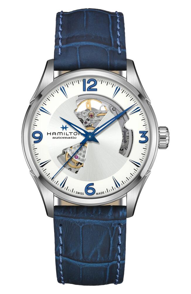 Hamilton Jazzmaster Skeleton Leather Strap Watch, 42mm in Blue Cover