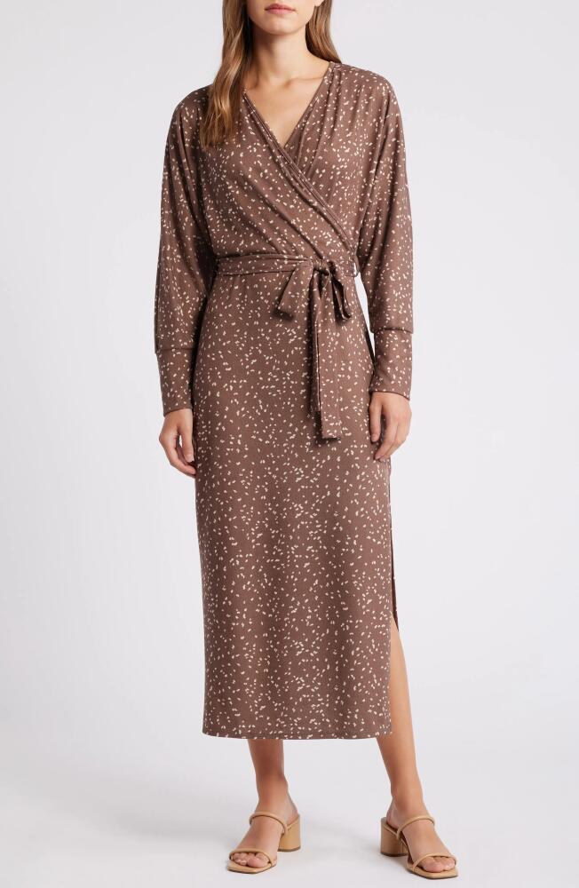 Loveappella Long Sleeve Faux Wrap Dress in Taupe Cover