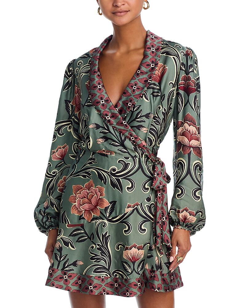 Farm Rio Arabesque Floral Green Long Sleeve Mini Dress Cover