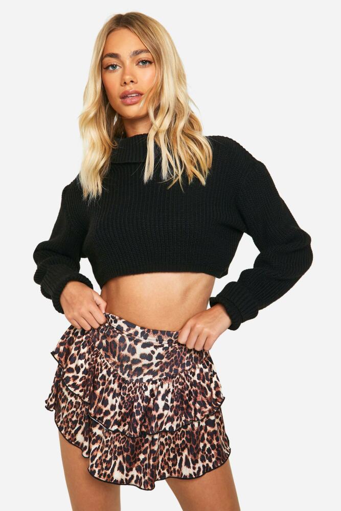 boohoo Womens Leopard Print Ruffle Slinky Skorts - Multi Cover