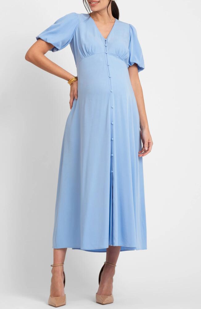 Seraphine Puff Sleeve Button-Up Maternity Midi Dress in Blue Cover