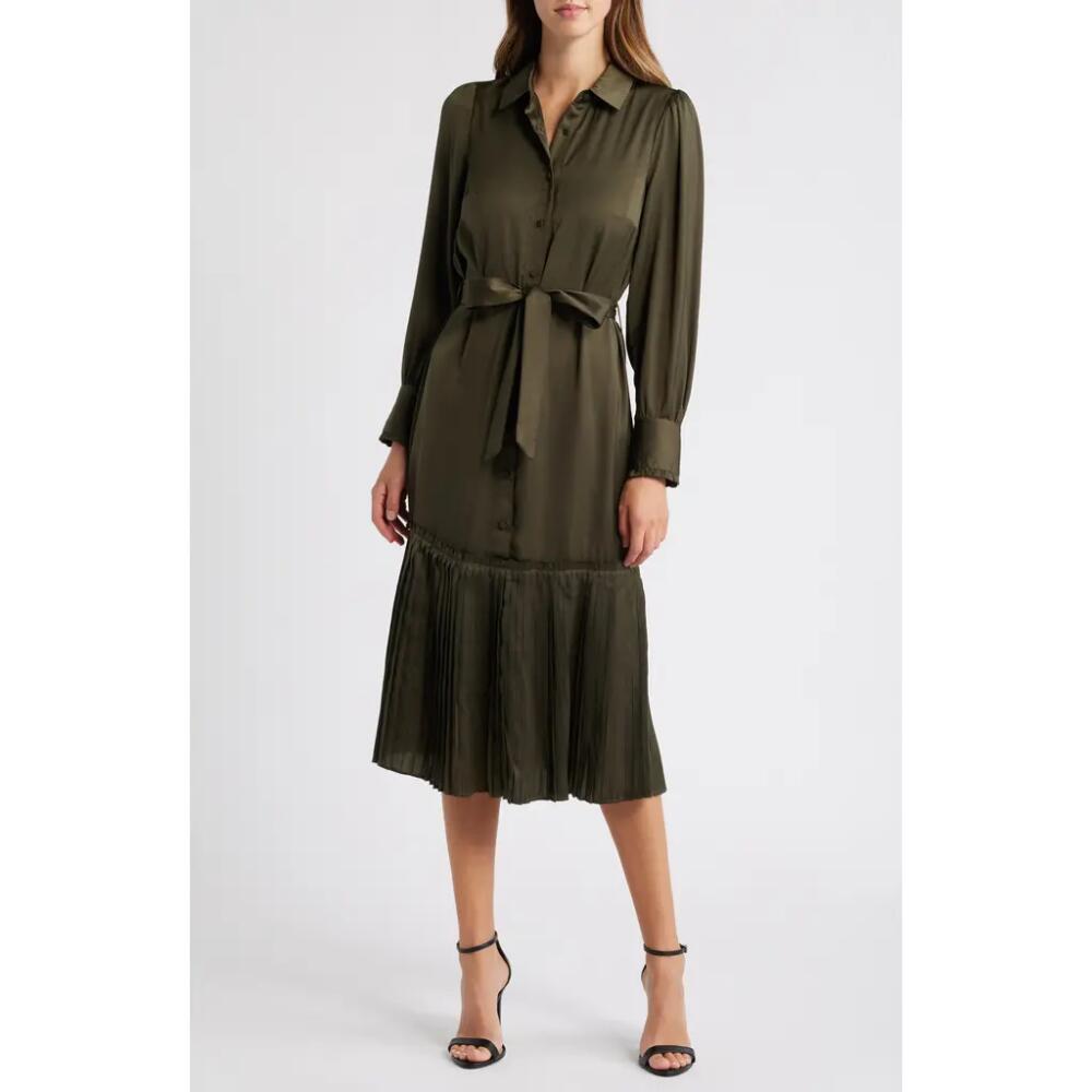 Adelyn Rae Long Sleeve Satin Shirtdress in Olive Green Cover