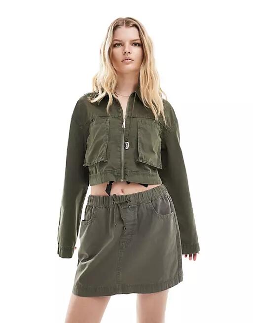 ASOS DESIGN cropped shirt with utility pockets in washed olive - part of a set-Green Cover