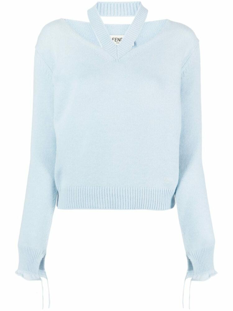 FENDI logo-embroidered cut-out fine-knit jumper - Blue Cover