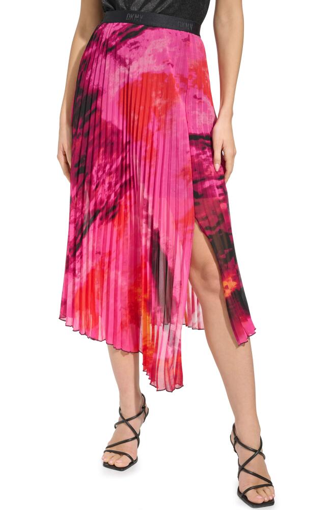 DKNY Print Pleated Asymmetric Midi Skirt in Shocking Pink Multi Cover