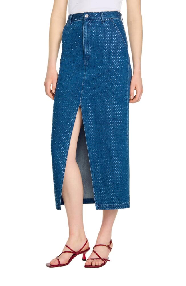 SANDRO Rhinestone denim maxi skirt in Blue Jean Cover