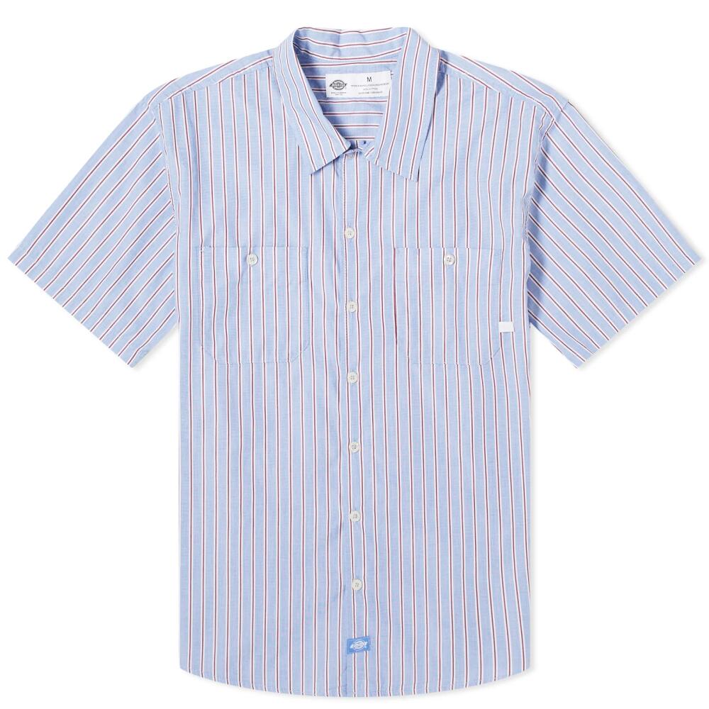 Dickies Men's Poplin Short Sleeve Service Shirt in Blue/Brown Service Stripe Cover