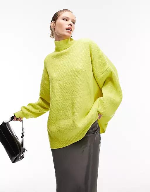 Topshop knit funnel neck long line sweater in lime-Green Cover