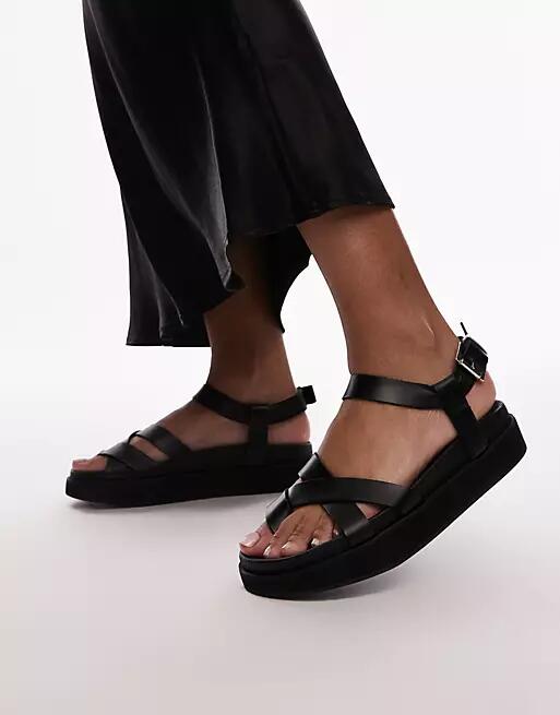 Topshop Jaya premium leather toe loop strappy sandals in black Cover