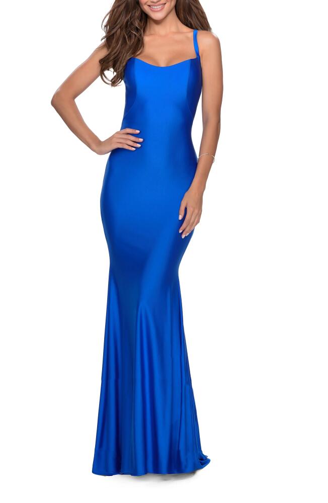 La Femme Lace Up Back Jersey Mermaid Gown in Royal Blue Cover