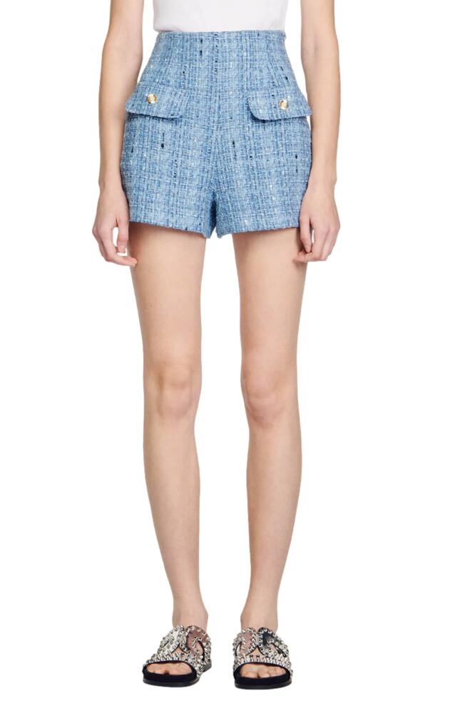 sandro Orna High Waist Tweed Shorts in Blue Cover