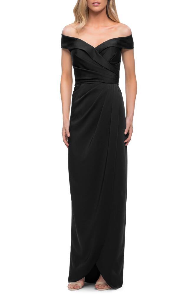 La Femme Surplice Off the Shoulder Column Gown in Black Cover