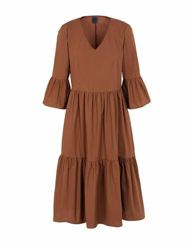 8 By Yoox Cotton Flounce V-neck Midi Dress Woman Midi dress Brown Cotton Cover