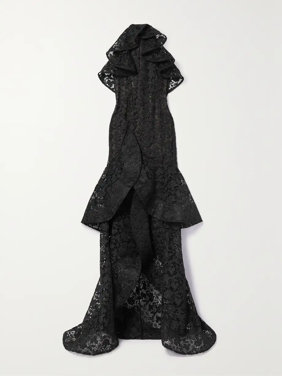 Oscar de la Renta - Ruffled Guipure Lace Halterneck Gown - Black Cover