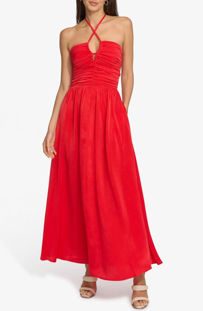 DKNY Ruched Halter Satin Maxi Dress in Flame Cover