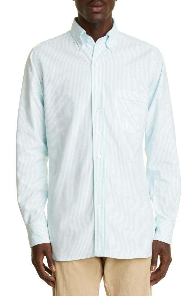 Drake's Stripe Button-Down Poplin Shirt in Aqua Cover