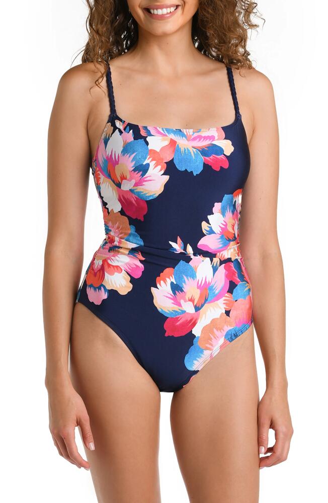 La Blanca Lingerie Floral Print Braided Strap One-Piece Swimsuit in Indigo Cover