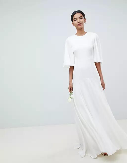 ASOS DESIGN wedding dress with open back and flutter sleeve-White Cover